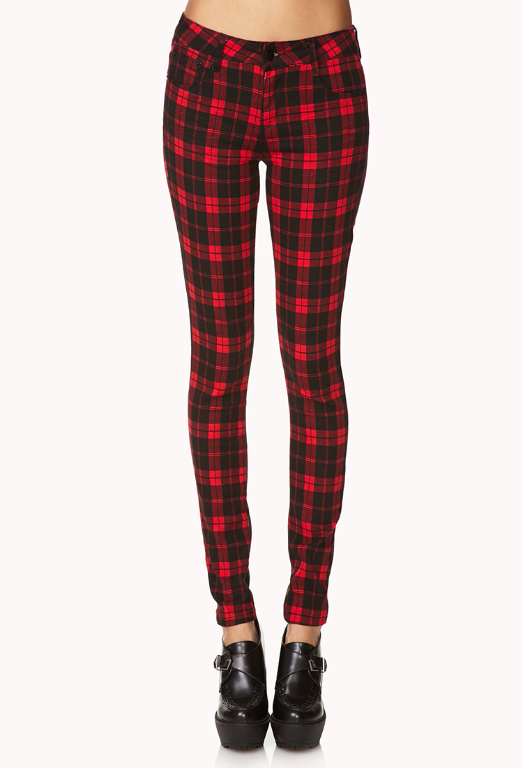 Forever 21 Plaid Skinny Jeans in Red (Redblack) | Lyst