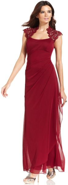 Xscape Dress Sleeveless Metallic Lace Gown in Red Xscape Dress Sleeveless Metallic Lace Gown in Red