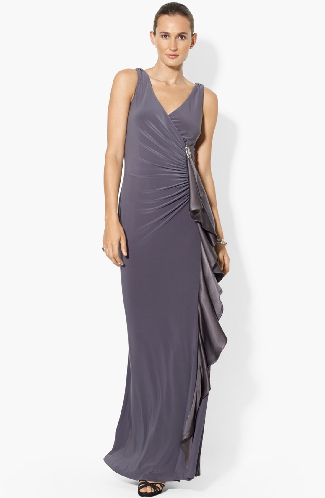 ralph lauren ruffle trim jersey gown