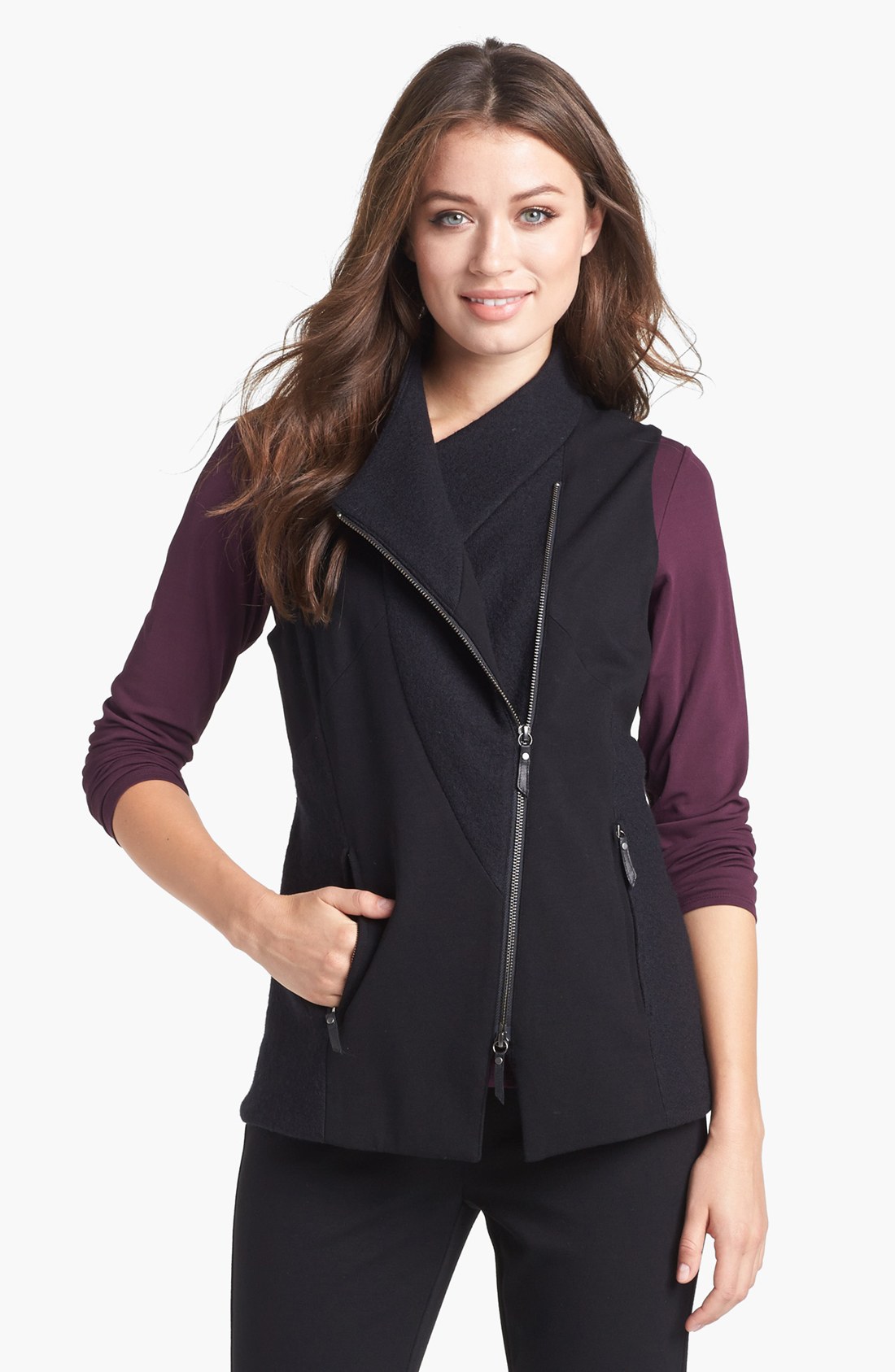 Eileen Fisher Ponte Knit Boiled Wool Vest in Black Lyst
