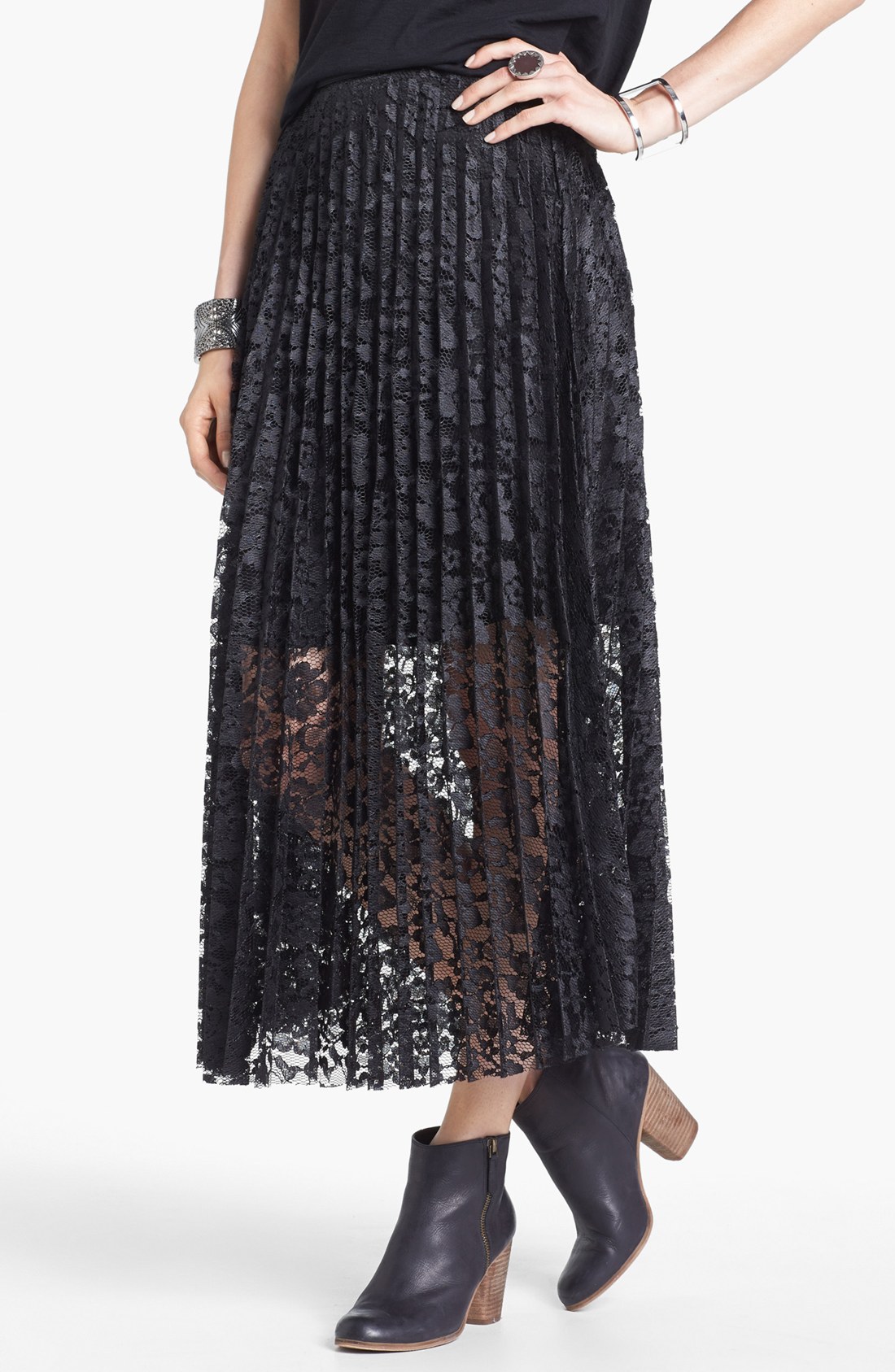 Free People Knife Pleat Lace Maxi Skirt in Black | Lyst