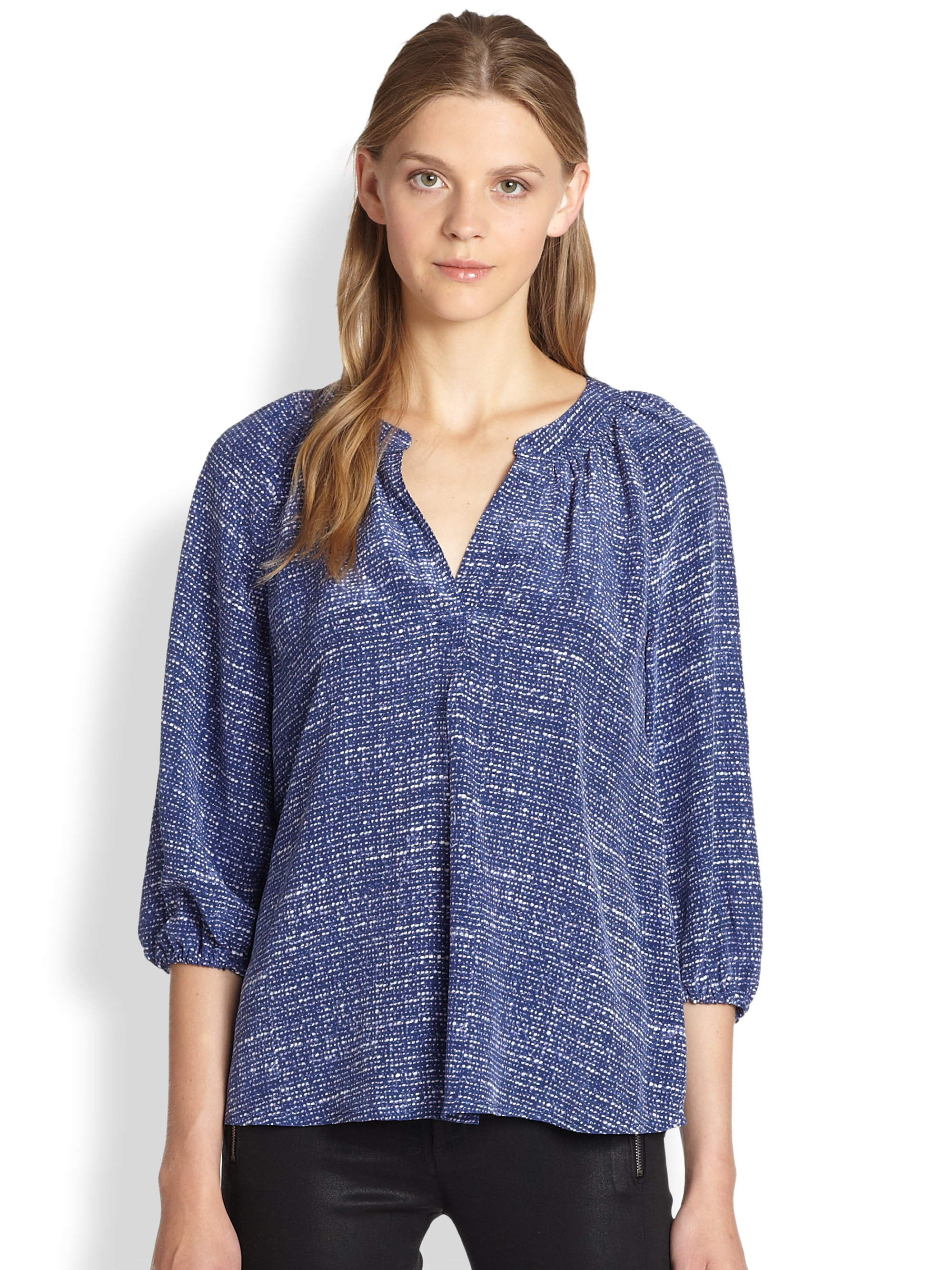 joie addie silk tweedprint blouse in blue neptune lyst joie designs