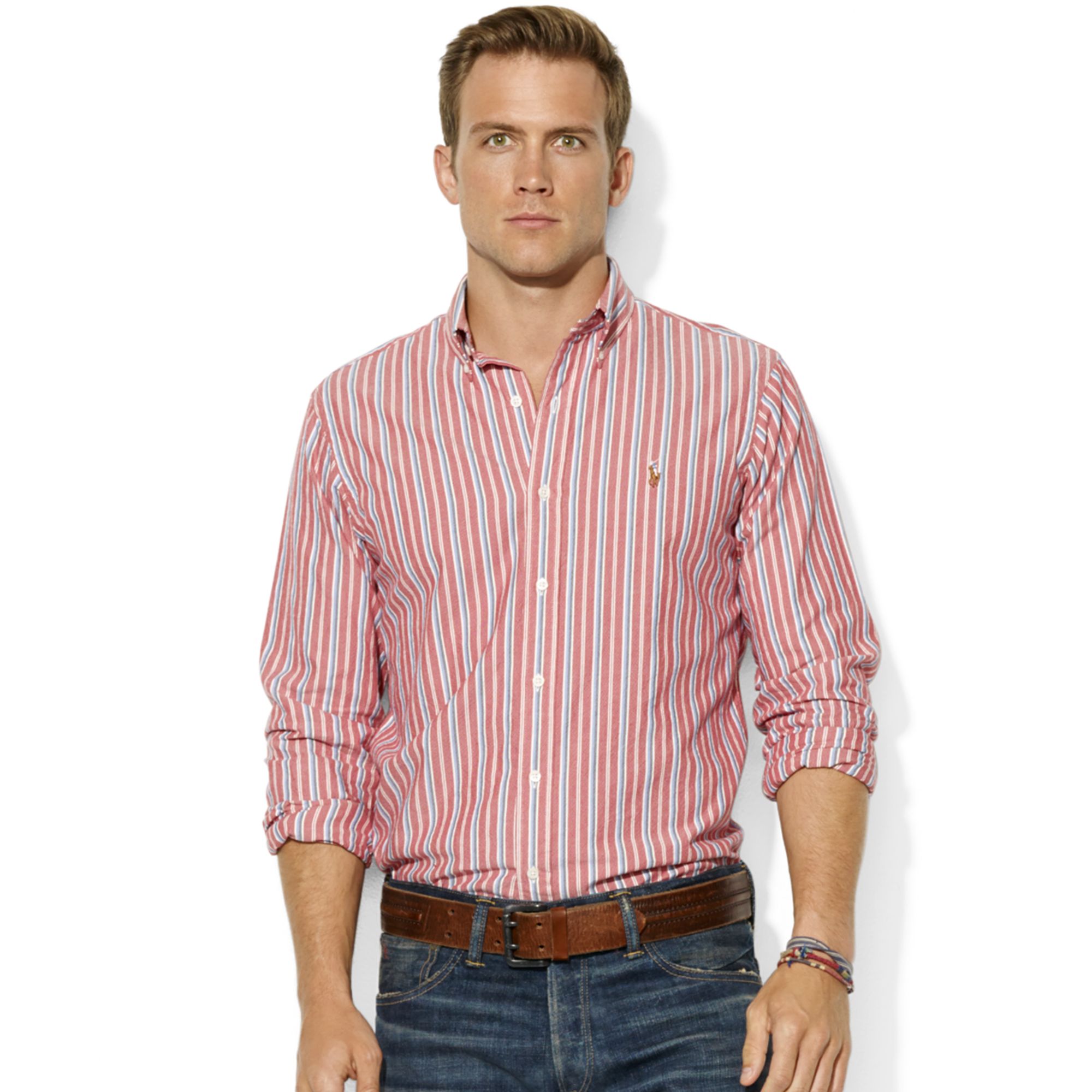 mens red striped oxford shirt sims strip door