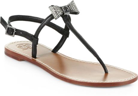 Tory Burch Leather Jeweled Bow Tstrap Sandals in Black | Lyst