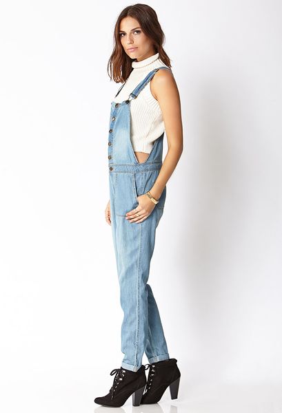 Forever 21 Life in Progress Chambray Overalls in Blue (DENIM)