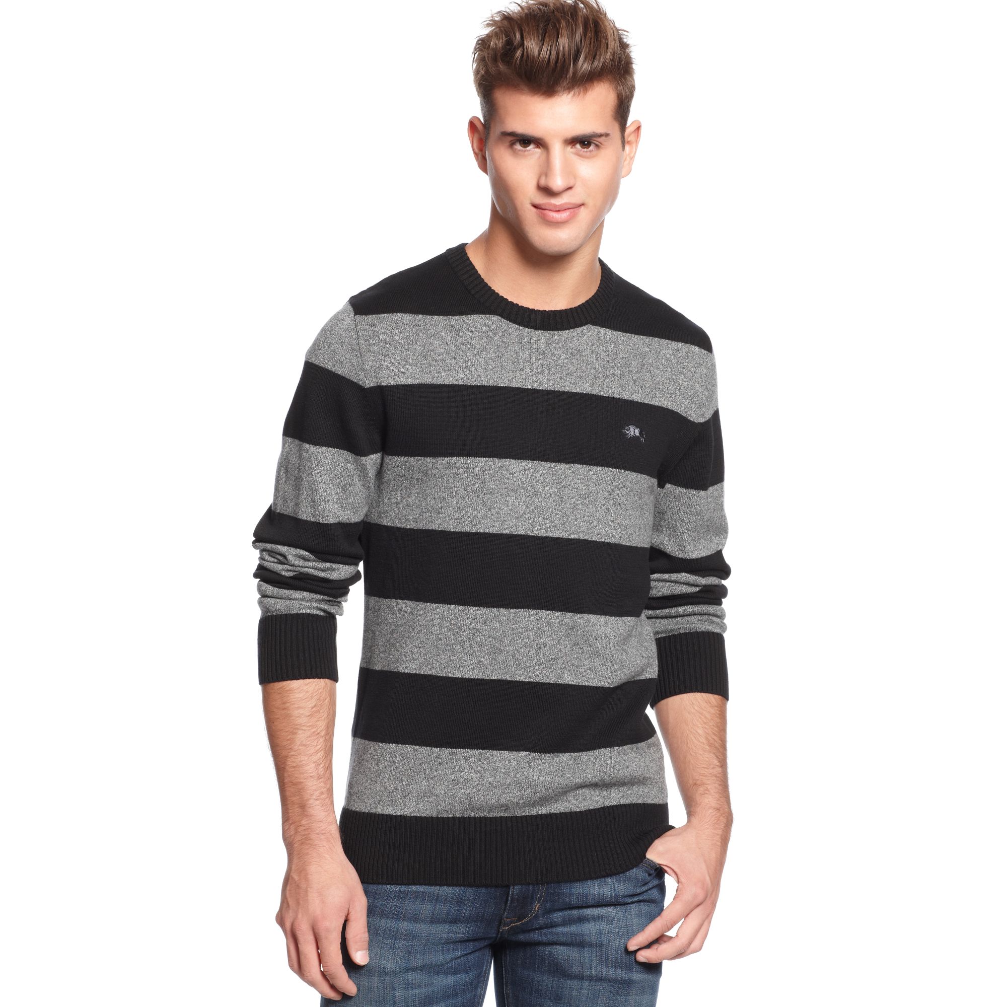 American Rag Rugby Stripe Crew Neck Sweater in Gray for Men (Deep Black) Lyst