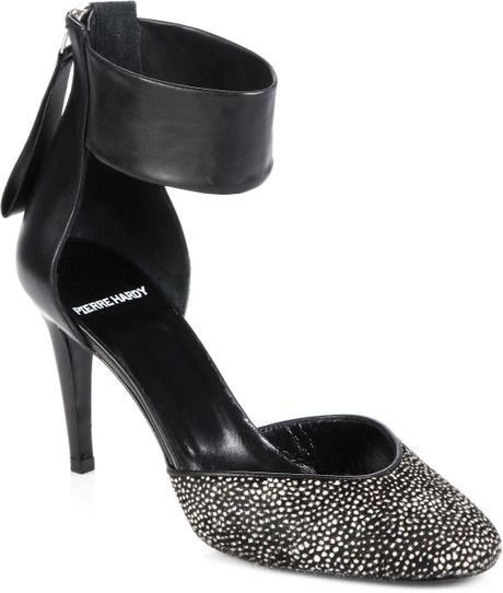black leather pumps with ankle strap