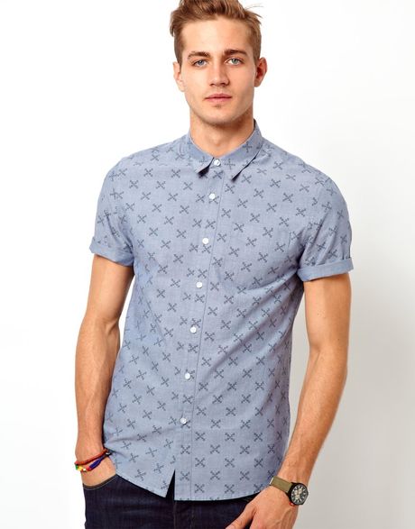 Asos Oxford Shirt in Short Sleeve with Crosses in Blue for Men | Lyst