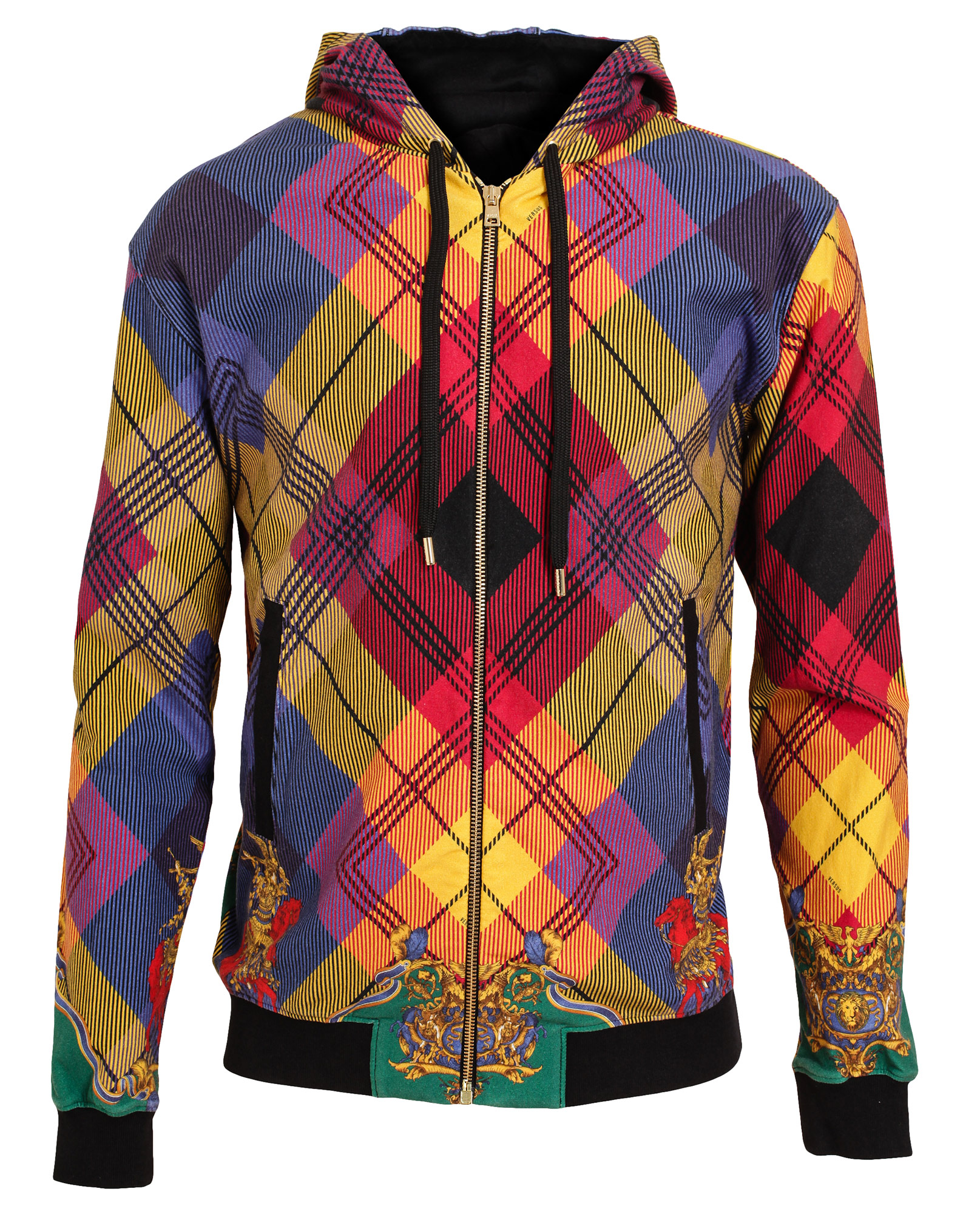 men contrast tartan drawstring hoodie