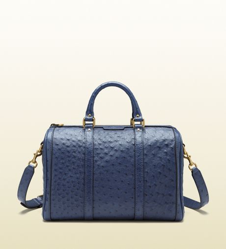 Gucci Vintage Web Ostrich Boston Bag in Blue | Lyst