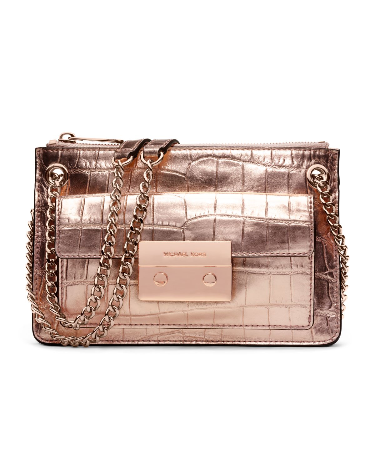 Michael Michael Kors Small Sloan Metallic Crocodileembossed Crossbody in Gold (ROSE GOLD) | Lyst