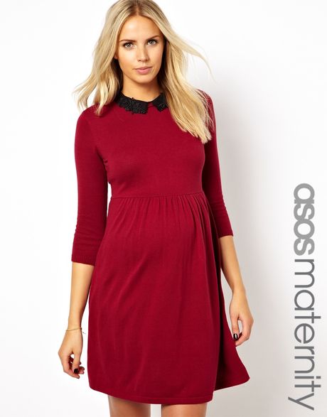 Asos Maternity Knitted Dress with Lace Collar in Purple (Black)