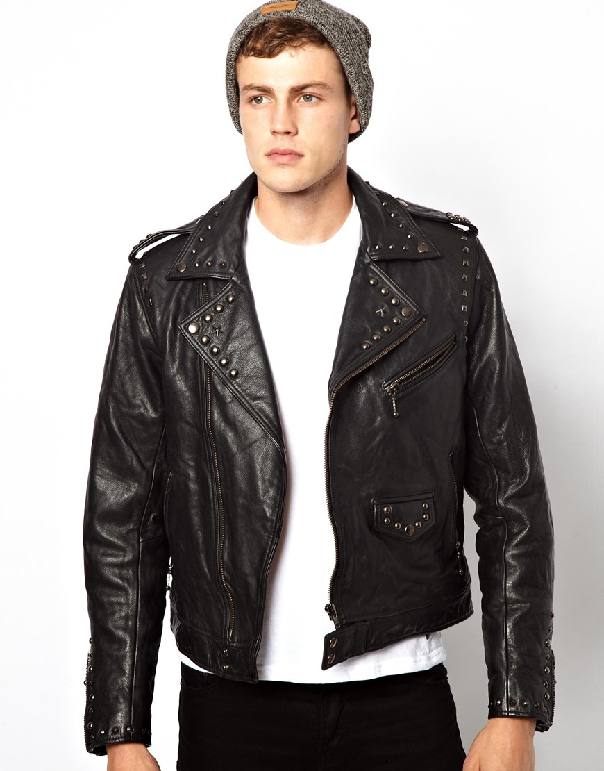 Asos Leather Jacket with Stud Print Detail in Black for Men Lyst