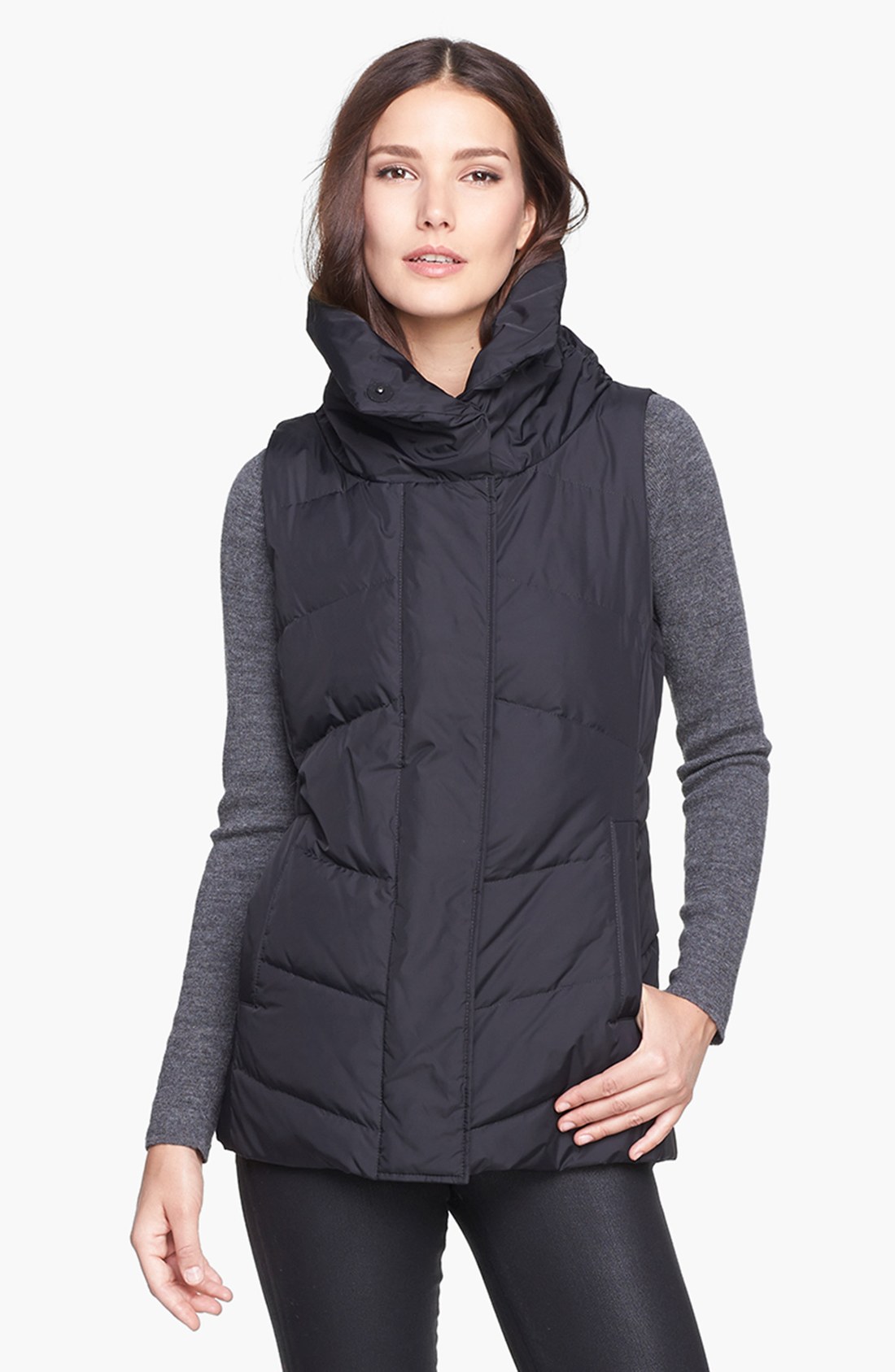 Eileen Fisher High Collar Zip Front Down Vest in Gray (Black) Lyst