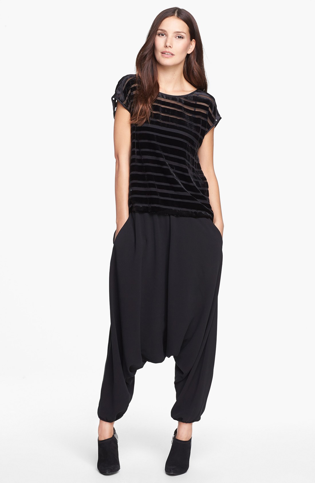 Eileen Fisher Black Silk Crepe Smocked Waist Harem Pants New