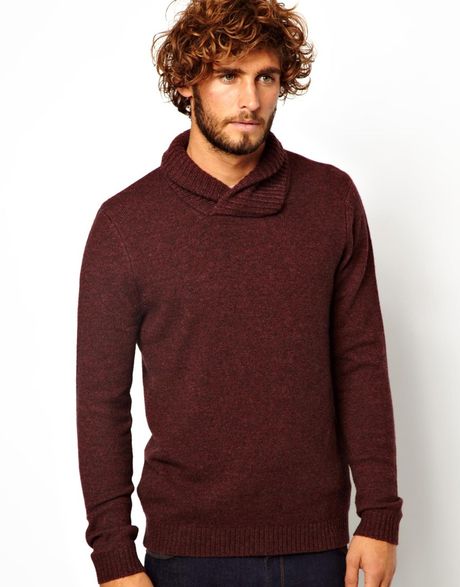 Asos Lambswool Shawl Neck Sweater in Red for Men (Burgundy) | Lyst