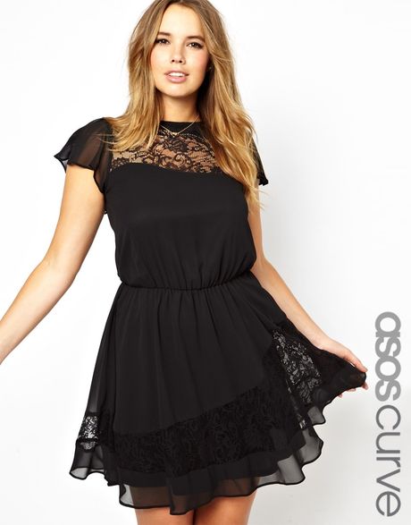 Asos Curve Exclusive Skater Dress with Lace Neck in Black | Lyst