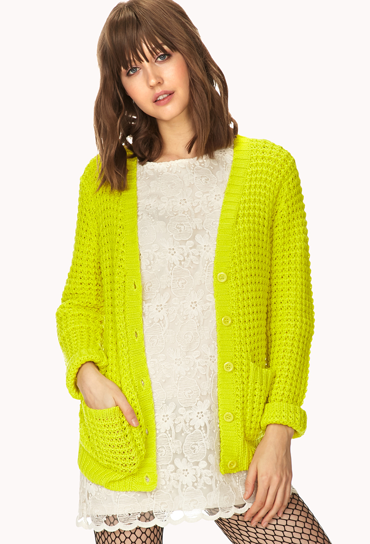 Forever 21 Waffle Knit Cardigan in Yellow (NEON YELLOW)