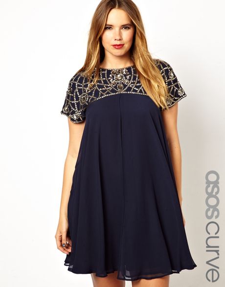 Asos Curve Exclusive Swing Dress with Beaded Neck in Blue (Navy ...