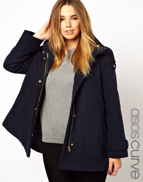 Asos Curve Exclusive Coat With Funnel Neck And Gold Zip in Blue (Navy ...