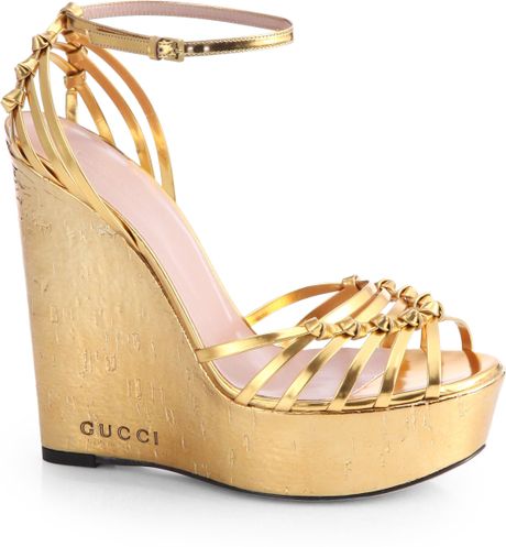 sandals gucci wedge gold cork metallic leather wedges