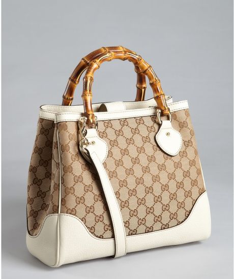 Gucci Tan Double G Canvas and Ivory Leather Diana Bamboo Handle Tote in Brown (ivory) | Lyst