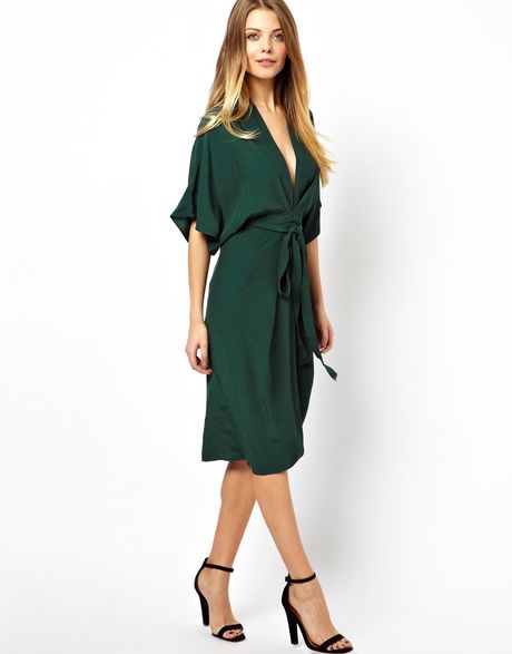Asos Midi Dress With Kimono Sleeves in Green | Lyst