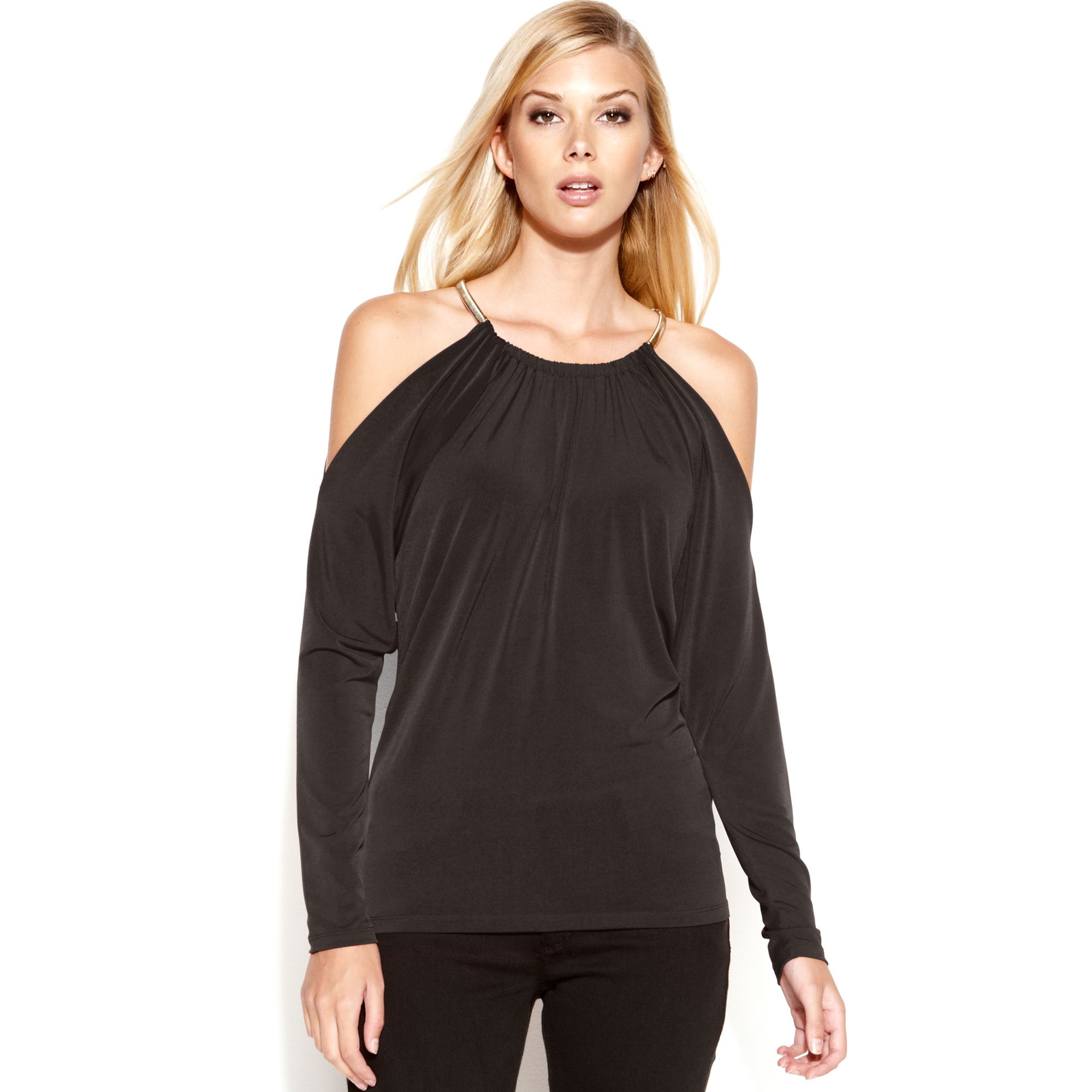 Michael Kors Long Sleeve Cold Shoulder Hardware Top in Brown (Chocolate