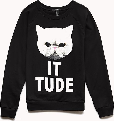 Forever 21 Cattitude Sweatshirt in Black (BLACKWHITE)