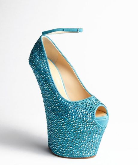 ... Zanotti Green Crystal Covered Leather High Platform Heels in Green