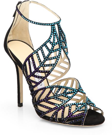 Jimmy Choo Kallai Jeweled Suede Sandals in Blue | Lyst