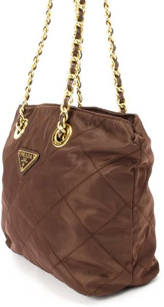 Prada Preowned Brown Quilted Nylon Double Chain Shoulder Bag in Brown | Lyst