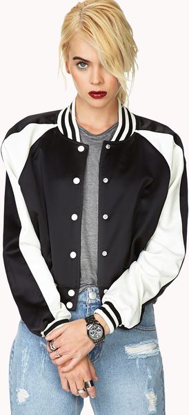 Forever 21 Fresh Satin Varsity Jacket in Black (BLACK/CREAM) - Lyst