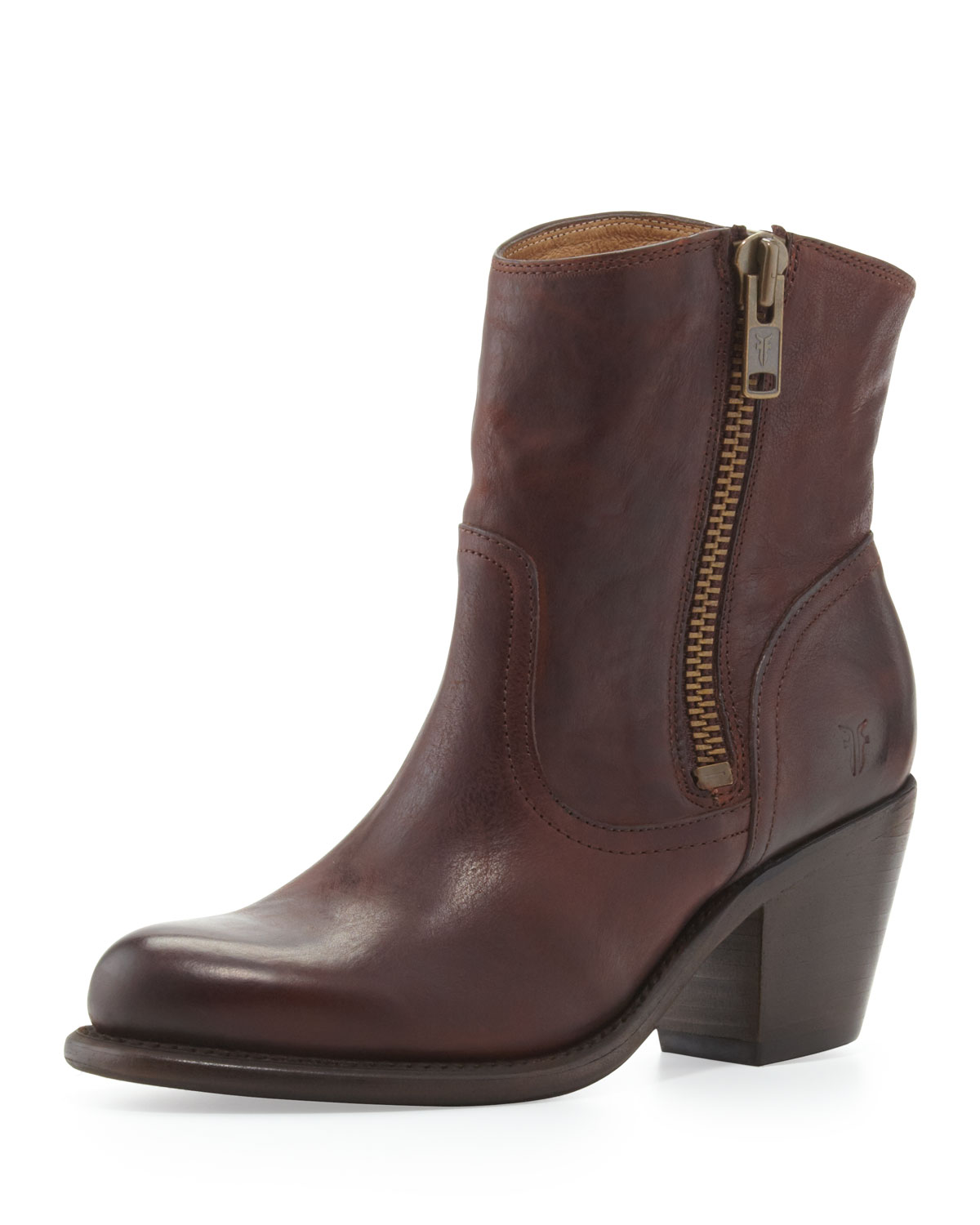 brown leather booties with block heel