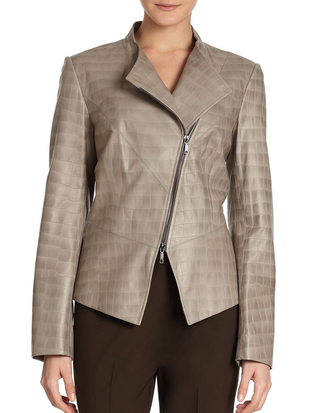 Lafayette 148 New York Croc Embossed Leather Jacket in Beige Lyst