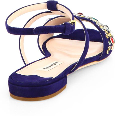 Miu Miu Jeweled Suede Sandals in Blue (NAVY) | Lyst
