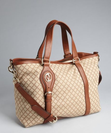 Gucci Tan and Cognac Canvas Leather-Trimmed Convertible Tote Bag in Beige (tan) | Lyst