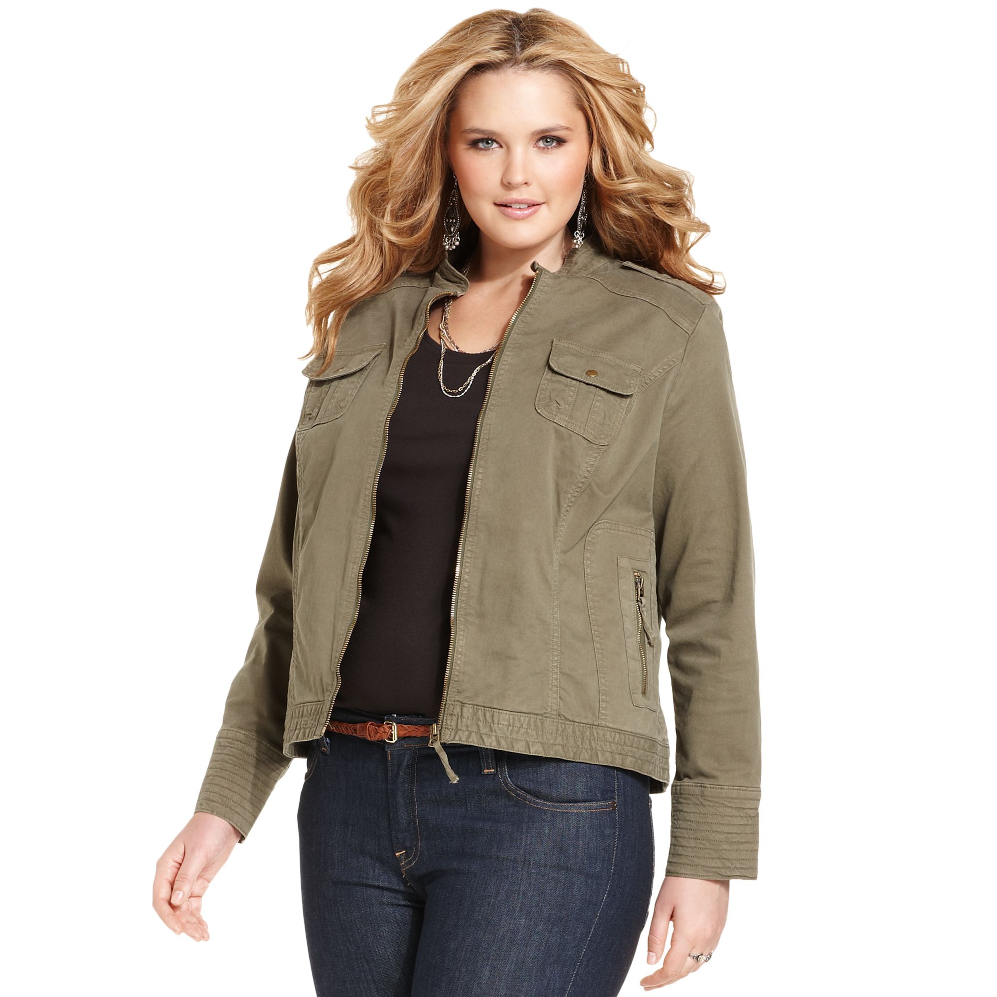 Lucky Brand Plus Size Military Zipfront Jacket in Green (Field Green