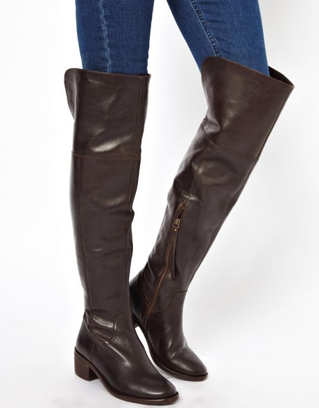asos design cracking leather mid heel knee boots in brown