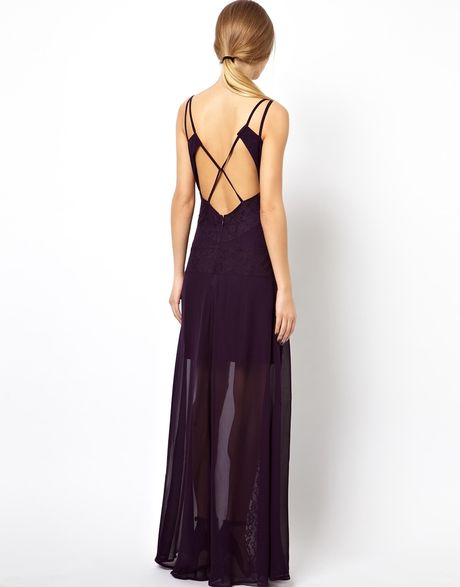 Asos Black Deep V Lace Mix Premium Maxi Dress in Purple