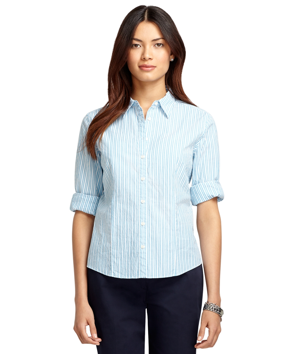 Brooks Brothers Fitted Threequarter Sleeve Seersucker Dress Shirt in