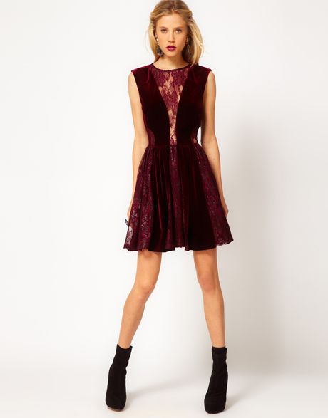 Asos Skater Dress in Lace and Velvet in Purple (berry)