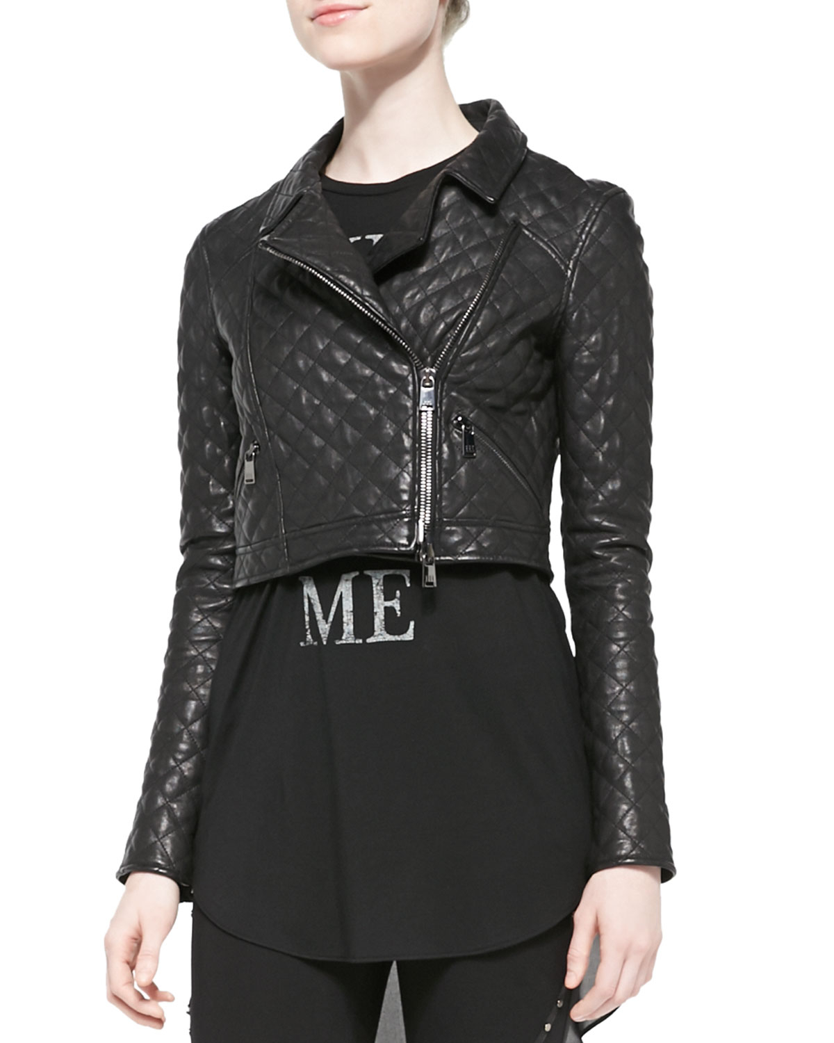 Haute Hippie Cropped Quilted Leather Moto Jacket in Black | Lyst