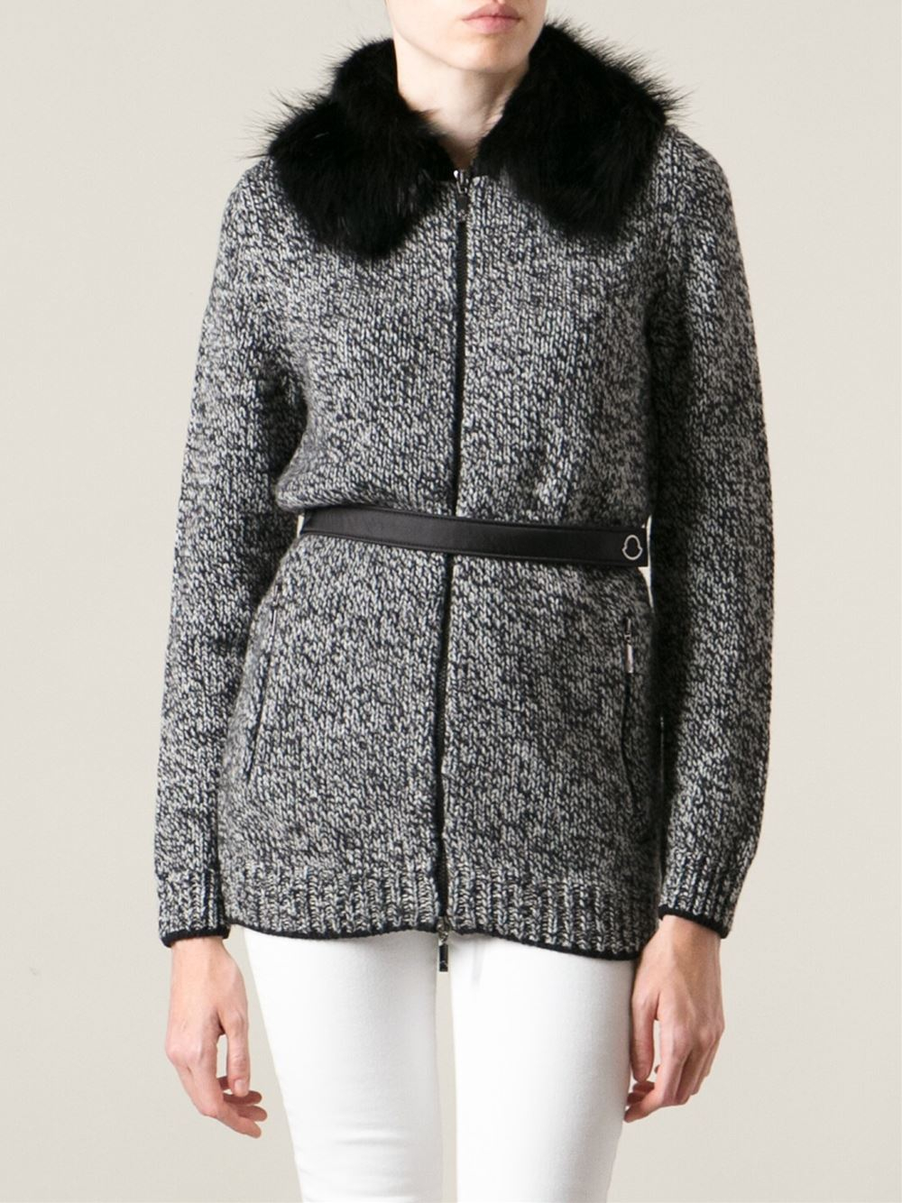 Moncler Fur Collar Zip Sweater in Black Lyst