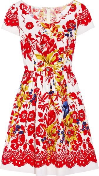 Oscar De La Renta Printed Stretch Cotton Dress in Orange | Lyst