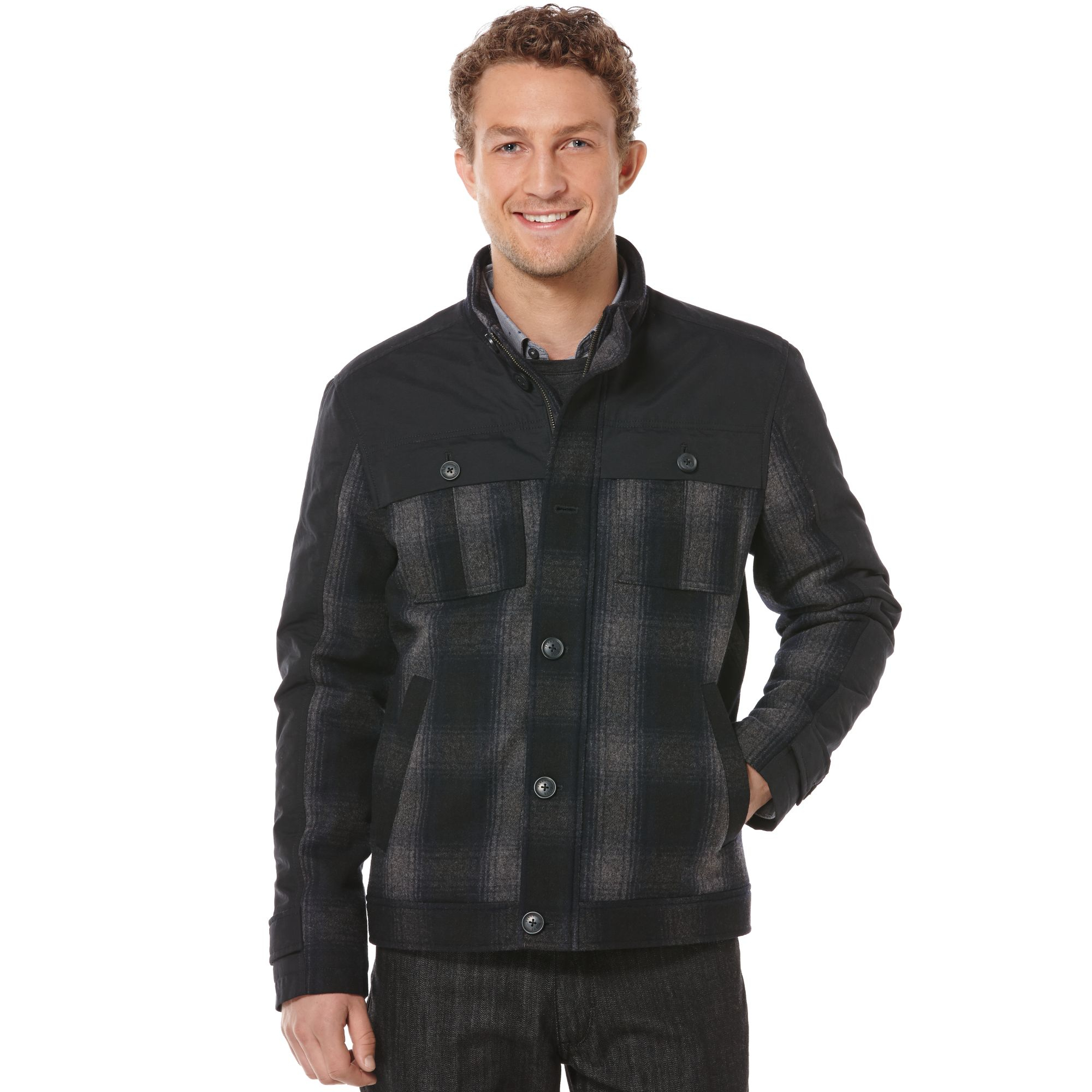 Perry Ellis Wool Plaid Mixed Media Bomber Jacket in Gray for Men