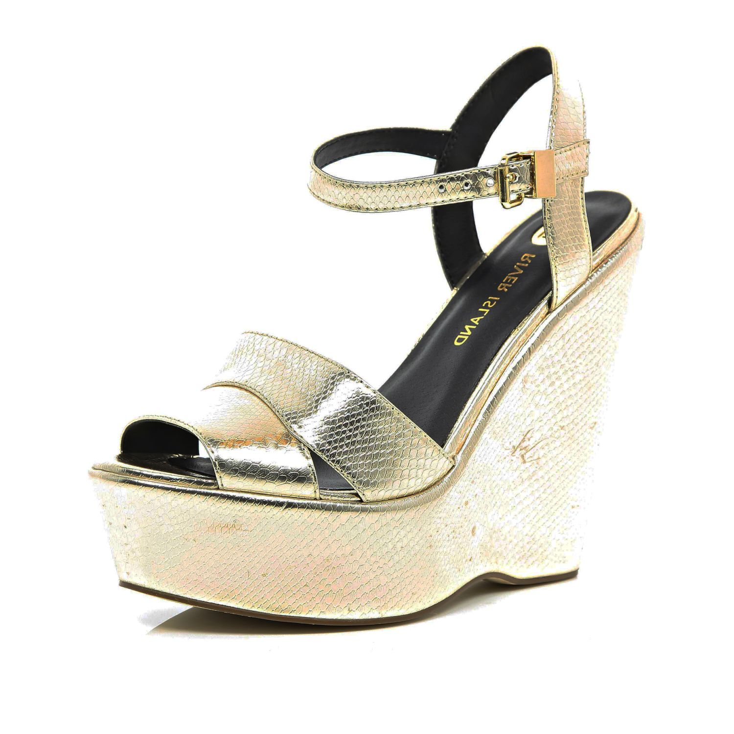 River Island Gold Snake Wedge Sandals in Gold | Lyst