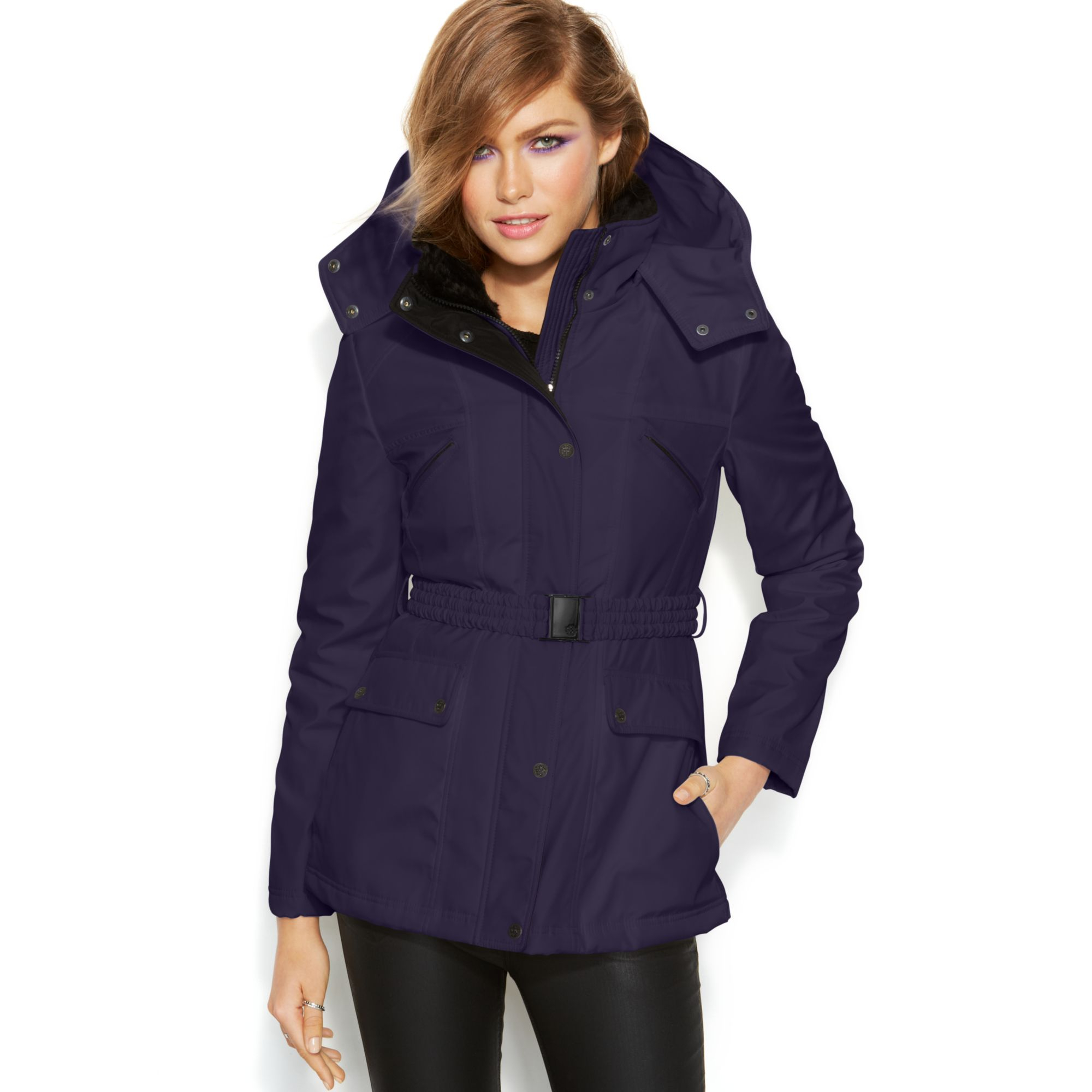 Jessica Simpson Hooded Faux-Fur-Collar Belted Puffer in Blue (Navy) | Lyst