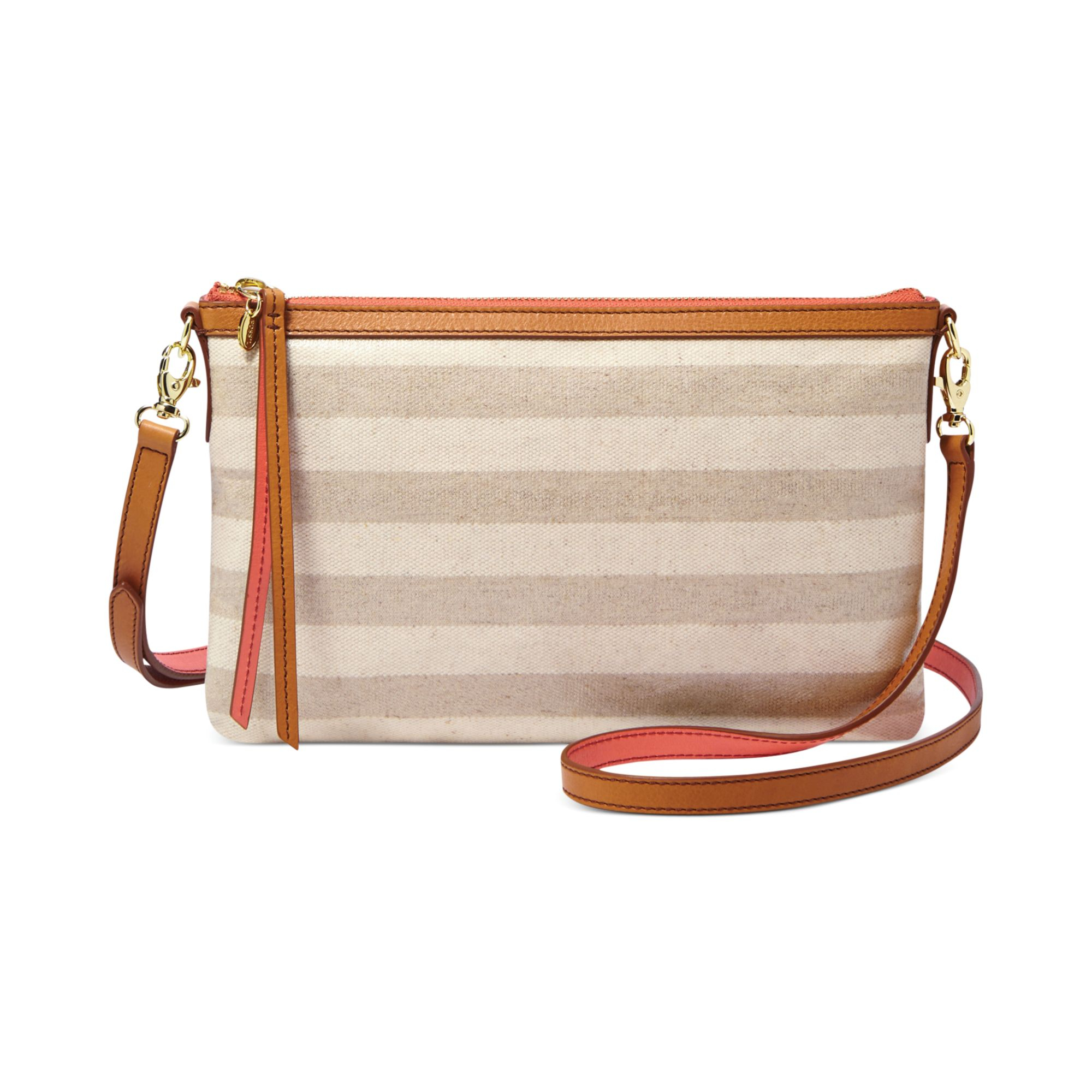 Fossil Sydney Coated Canvas Top Zip Crossbody in Brown (NEUTRAL STRIPE