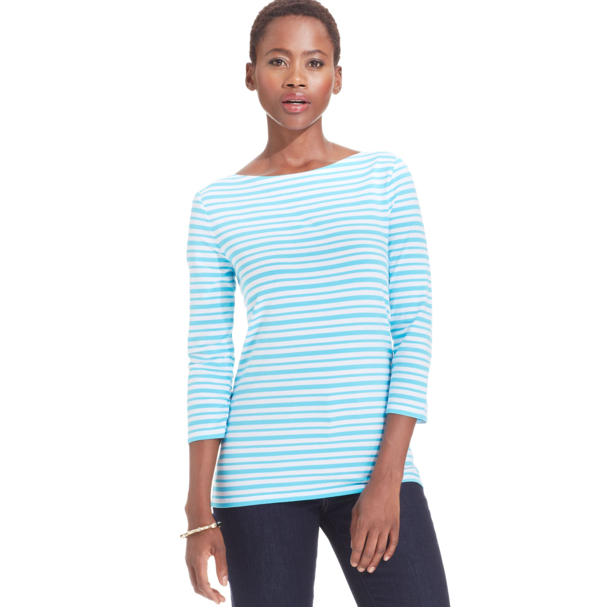Jones New York Threequartersleeve Striped Boatneck Top in Blue (Cameo